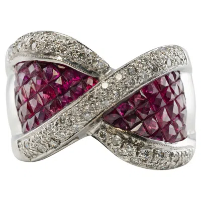 Pre-owned Estate Jewelry Natural Diamond Ruby Ring 18k White Gold Wide Band Bow
