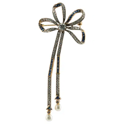 Pre-owned Estate Jewelry Natural Diamond Sapphire Pearl Brooch Bow Ribbon 18k Gold Vintage In Blue