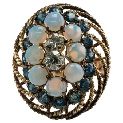 Pre-owned Estate Jewelry Natural Opal Sapphire Diamonds 14k Gold Ring Cocktail Vintage In Blue