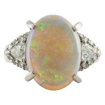 Pre-owned Estate Jewelry Natural Trillion Cut Diamond Opal Ring Platinum In Multi