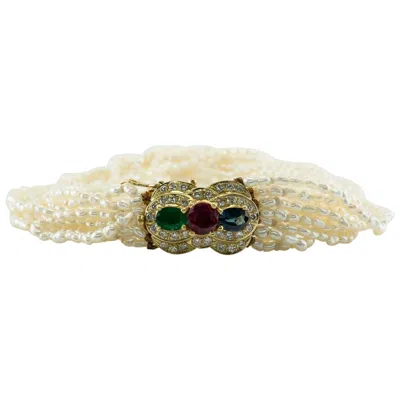 Pre-owned Estate Jewelry Seed Pearl Ruby Sapphire Bracelet Emerald Diamond 14k Gold In Green