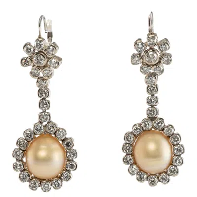 Pre-owned Estate Jewelry South Sea Pearl Diamond Earrings 14k White Gold Dangle Drop