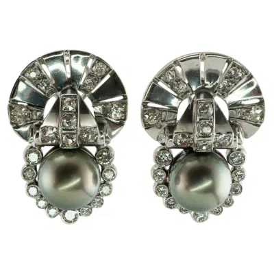 Pre-owned Estate Jewelry Tahitian Pearl Old Mine Cut Diamond Earrings 14k White Gold Art Deco