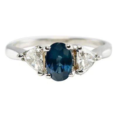 Pre-owned Estate Jewelry Trillion Diamond Sapphire Ring 14k White Gold Band