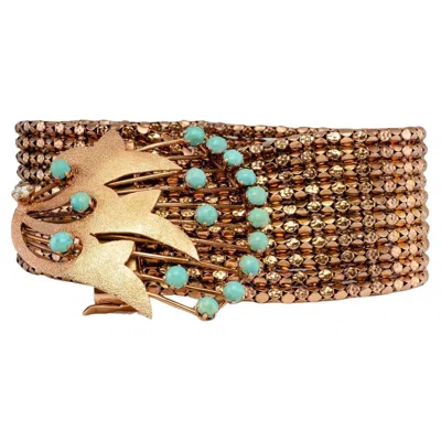 Pre-owned Estate Jewelry Turquoise Diamond Bracelet Floral 14k Rose Gold Mesh Cuff In Red