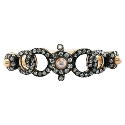 Pre-owned Estate Jewelry Victorian Diamond Pearl Bracelet 14k Gold & Silver Bangle 4.44 Tdw In Multi