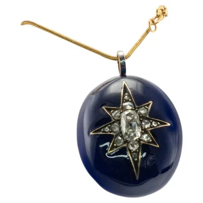 Pre-owned Estate Jewelry Victorian Diamond Star Blue Enamel Pendant 14k Gold Antique, C. 1890