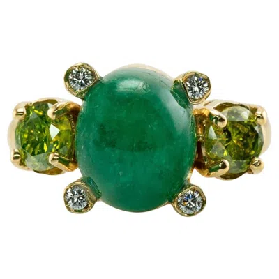 Pre-owned Estate Jewelry White & Canary Diamond Emerald Ring 18k Gold, Italy