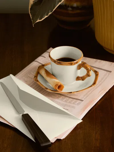 Este Ceramiche Bamboo Hand-painted Ceramic Coffee Cups And Saucers (set Of 4)  Abask Gift Set In Brown