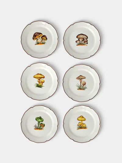 Este Ceramiche Bristol Mushrooms Hand-painted Ceramic Dessert Plates - 8in/21cm (set Of 6) In White