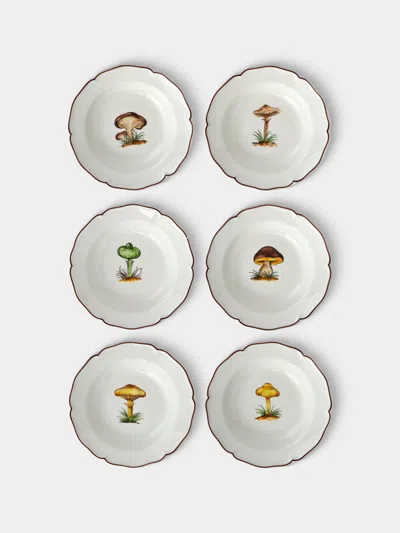 Este Ceramiche Bristol Mushrooms Hand-painted Ceramic Soup Plates - 9.5in/24cm (set Of 6) In White