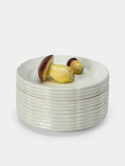 Este Ceramiche Mushrooms Hand-painted Ceramic Trompe-l'oeil Large Serving Dish In White