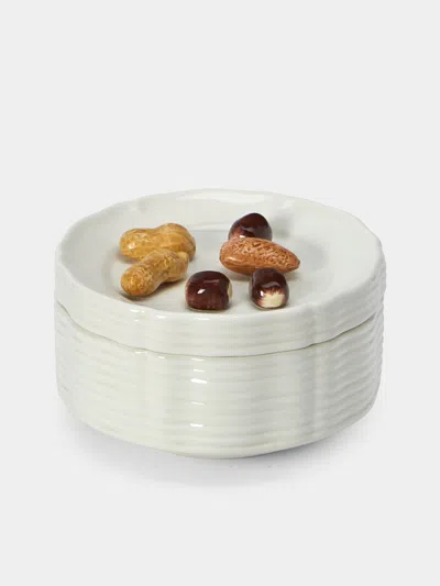 Este Ceramiche Nuts Hand-painted Ceramic Trompe-l'oeil Small Serving Dish In White