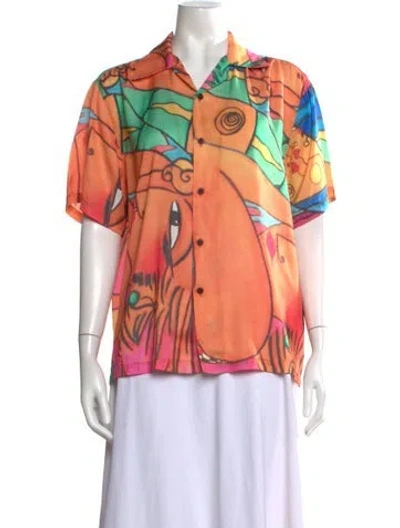 Pre-owned Esteban Cortazar Graphic Print Short Sleeve Button-up Top In Orange