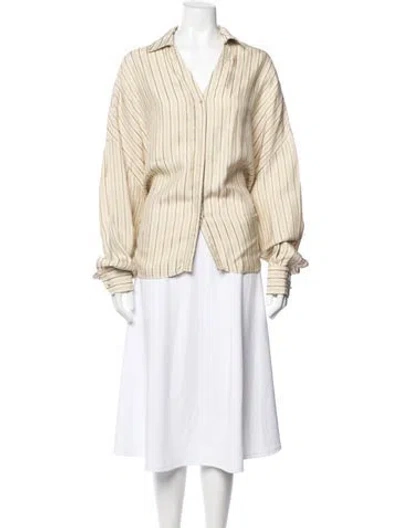 Pre-owned Esteban Cortazar Striped V-neck Button-up Top In Neutral