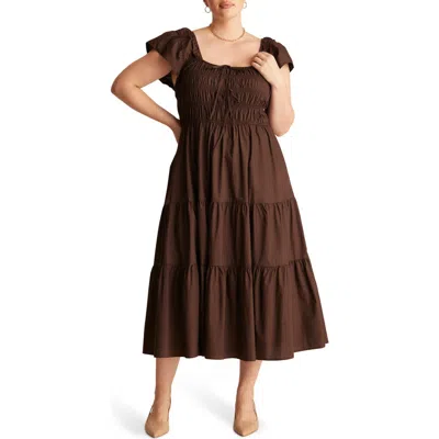 Estelle Alana Smocked Fit & Flare Cotton Tiered Midi Dress In Brown