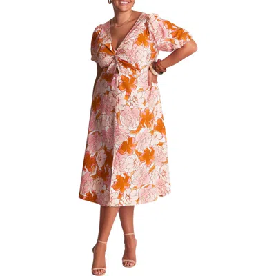 Estelle Amira Floral Print Puff Sleeve Midi Dress In Brown