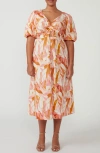 Estelle Aura Cascade Puff Sleeve Cotton Midi Dress In Print