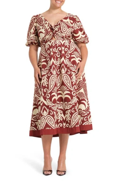 Estelle Aurela Paisley Keyhole Fit & Flare Cotton Midi Dress In Brown