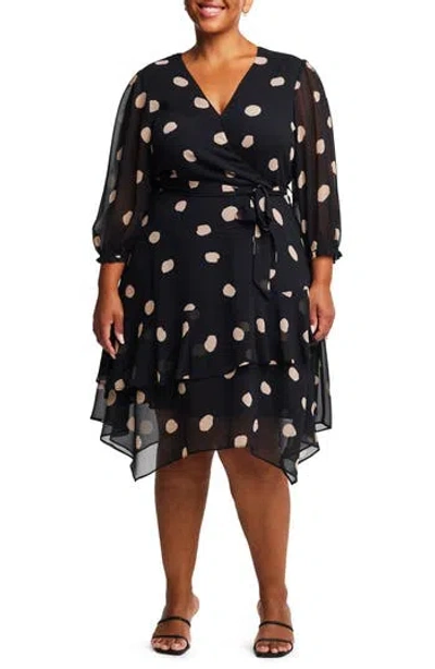 Estelle Begin Again Polka Dot Long Sleeve Dress In Black/beige