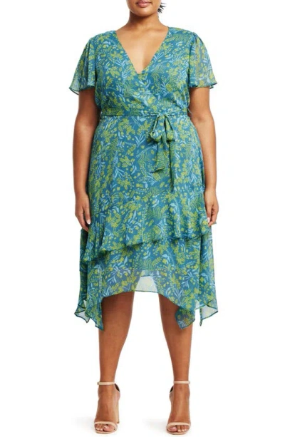 Estelle Beverly Floral Wrap Front Handkerchief Hem Dress In Print