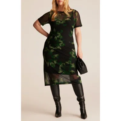 Estelle Bouquet Floral Mesh Overlay Dress In Black