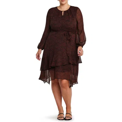 Estelle Camilla Print Tie Waist Long Sleeve Chiffon Dress In Black/walnut