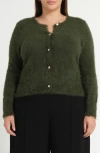 Estelle Camille Fuzzy Crewneck Cardigan In Green