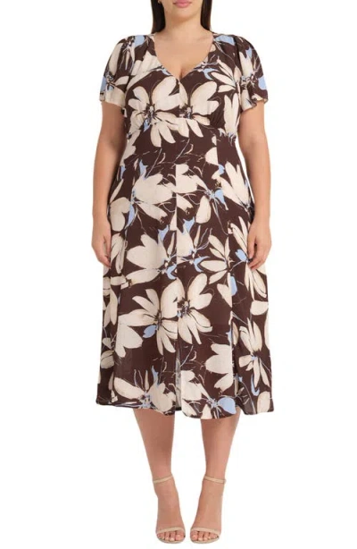 Estelle Caroline Floral Print Midi Dress In Brown