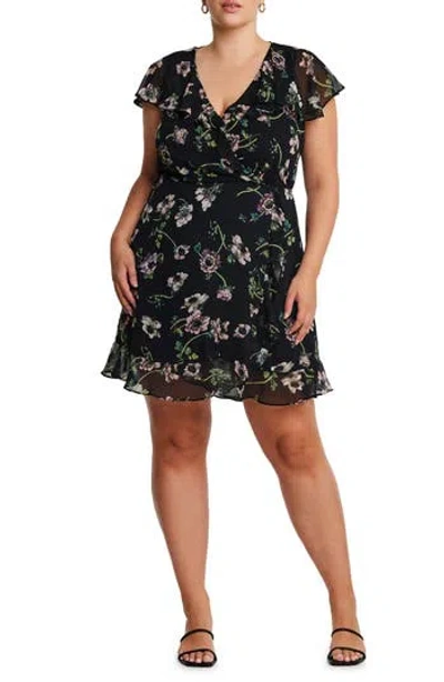 Estelle Climbing Rose Ruffle Faux Wrap Dress In Black/rose