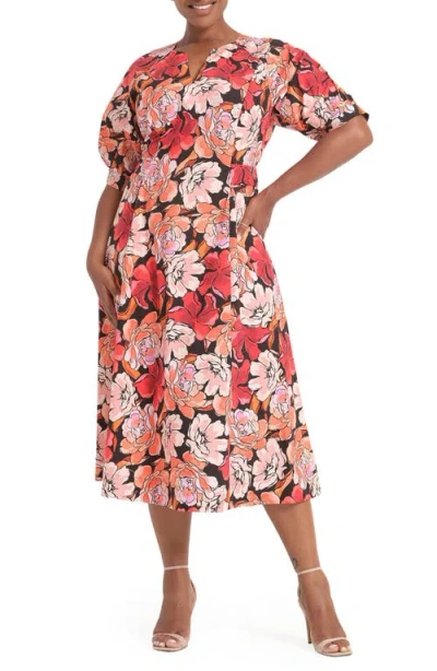 Estelle Colette Puff Sleeve Midi Dress In Multi