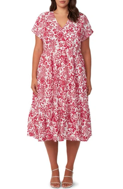 Estelle Cote Dazur Embroidered Midi Dress In Milk/ Dark Pink