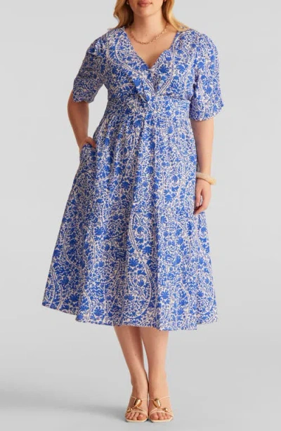 Estelle Dreamaya Floral Front Flap Fit & Flare Midi Dress In Blue