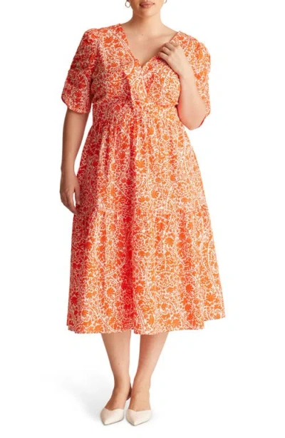 Estelle Dreamaya Floral Front Flap Fit & Flare Midi Dress In Orange