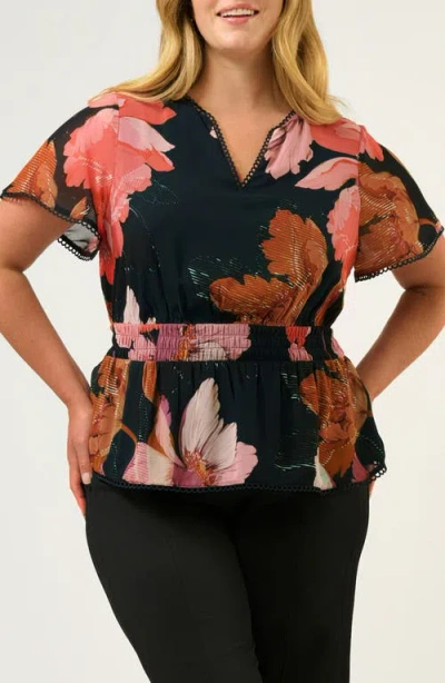 Estelle Elena Floral Picot Trim Flutter Sleeve Top In Multi