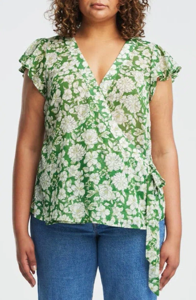 Estelle Field Floral Wrap Top In Green Floral