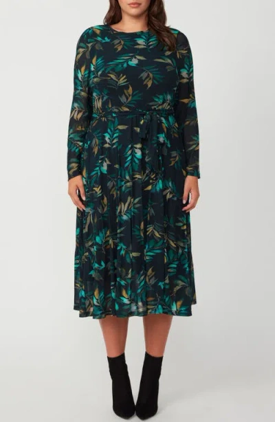 Estelle Foliage Whisper Long Sleeve Midi Dress In Green Print