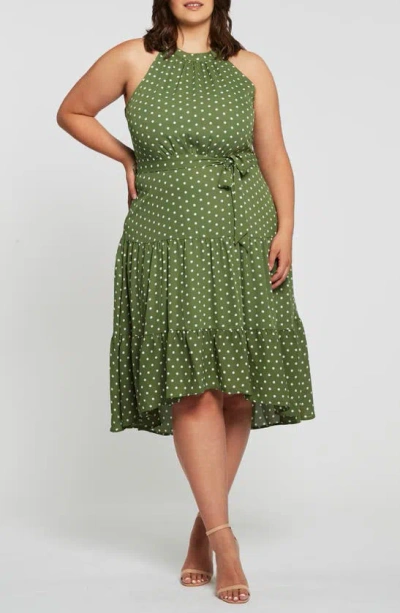 Estelle La Bocca Polka Dot Halter Neck High-low Dress In Evergreen/ Milk