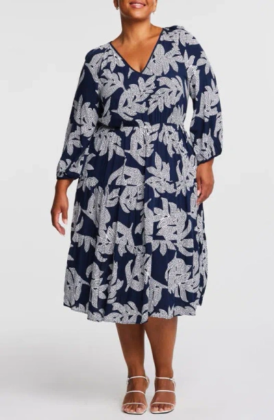 Estelle Leafy Long Sleeve Tiered Midi Dress In Navy/milk