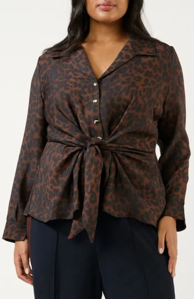 Estelle Leona Leopard Print Tie Front Button-up Top In Brown