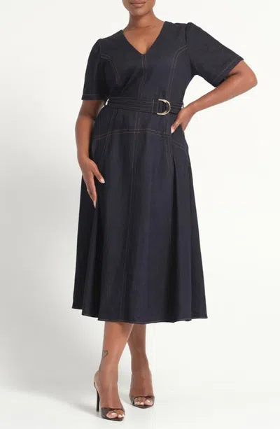 Estelle Lyra Belted Cotton Dress In Blue