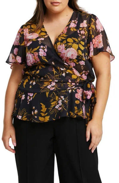 Estelle Marabella Floral Wrap Top In Black Print