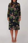 Estelle Mezzanine Cactus Print Long Sleeve Mesh Midi Dress In Navy Floral Print