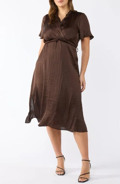 Estelle Mirage Oasis Rumple Satin Midi Dress In Chocolate