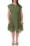 Estelle Night Pebble Ruffle Tie Waist Dress In Sage/ Milk