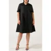 Estelle Obsidian Short Sleeve Polished Cotton Shirtdress In Black