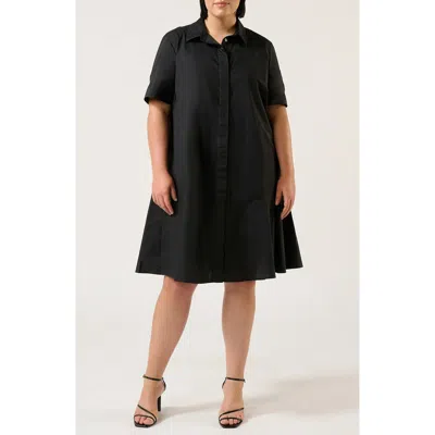 Estelle Obsidian Short Sleeve Polished Cotton Shirtdress In Black