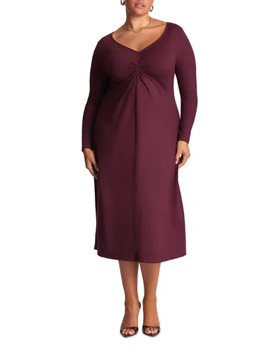 Estelle Plus Ezra V Neck Long Sleeve Midi Dress In Burgundy