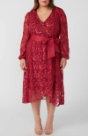 Estelle Radiance Glow Long Sleeve Faux Wrap Midi Dress In Raspberry