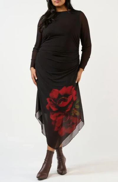 Estelle Raya Ruched Long Sleeve Maxi Dress In Black